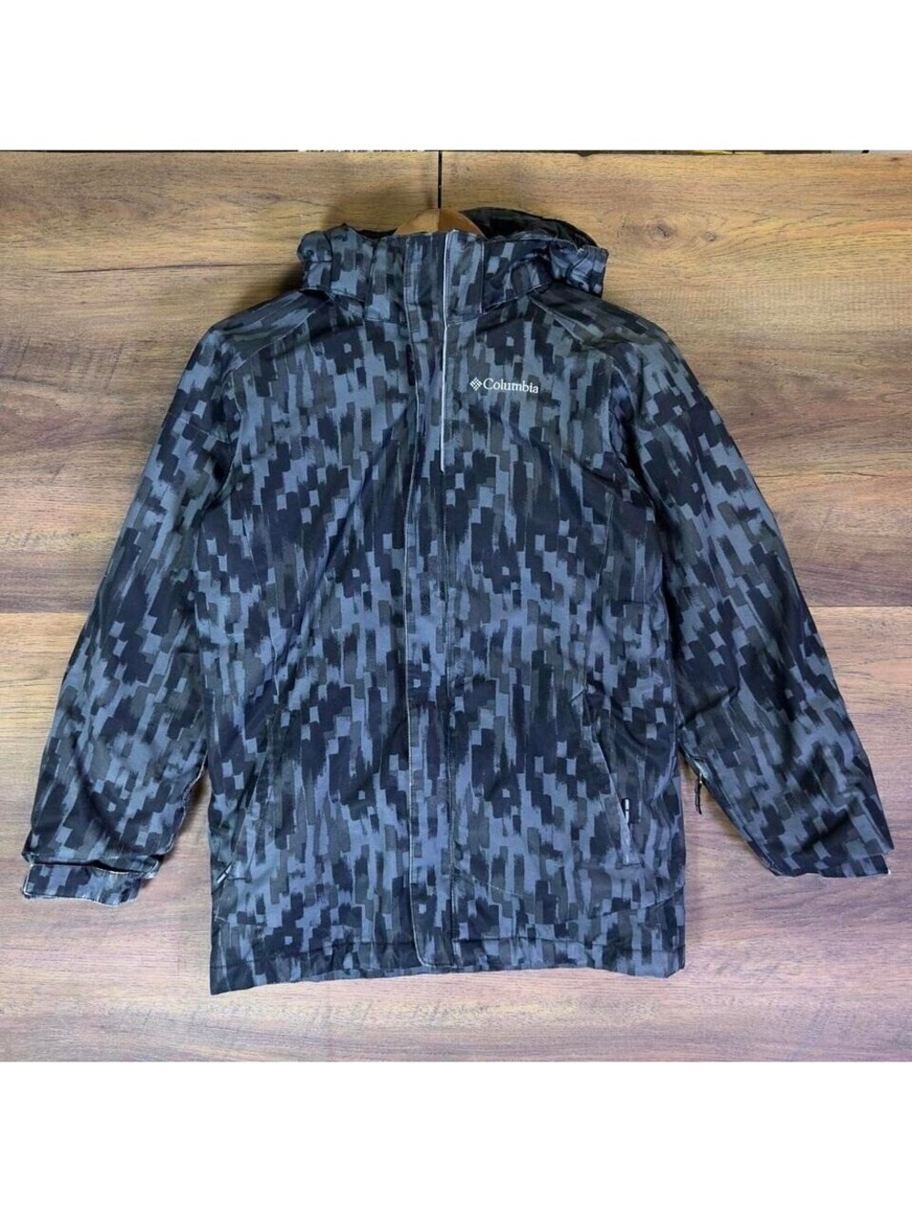 Columbia Camo Hooded Jacket Womens Medium Black Gray Coat